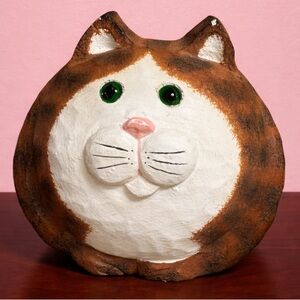 Handcrafted James Haddon Fat Cat Wood Carving Orange Tabby Green Eyes